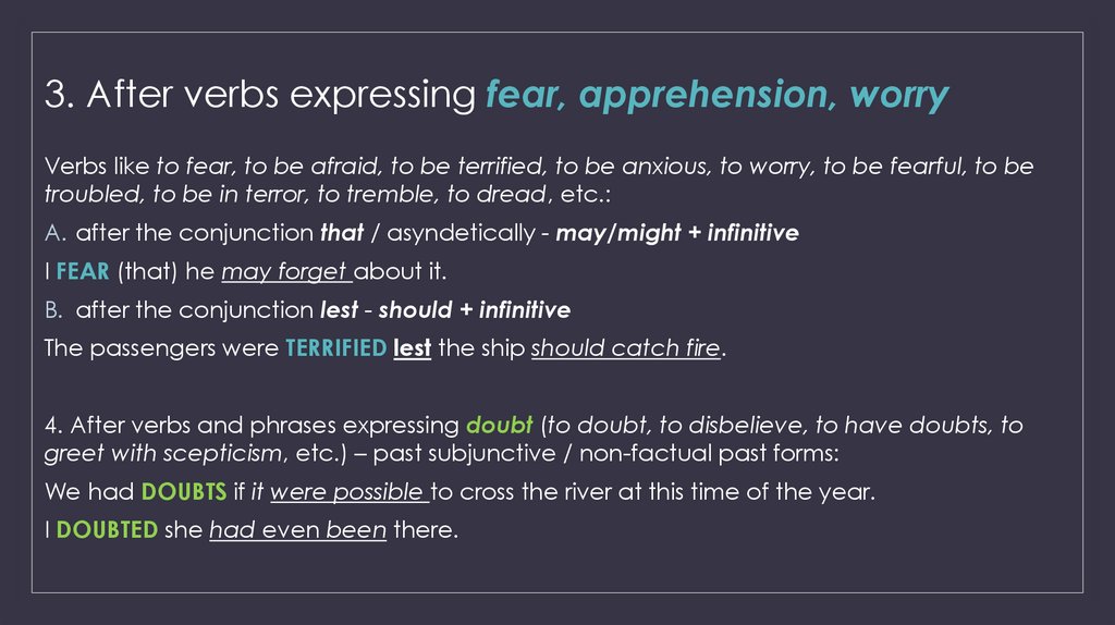 3. After verbs expressing fear, apprehension, worry