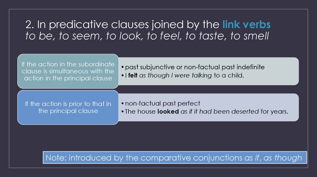 2. In predicative clauses joined by the link verbs to be, to seem, to look, to feel, to taste, to smell