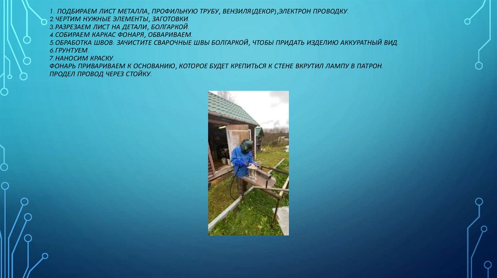 1. Подбираем лист металла, профильную трубу, вензиля(декор),электрон проводку. 2.Чертим нужные элементы, заготовки. 3.Разрезаем