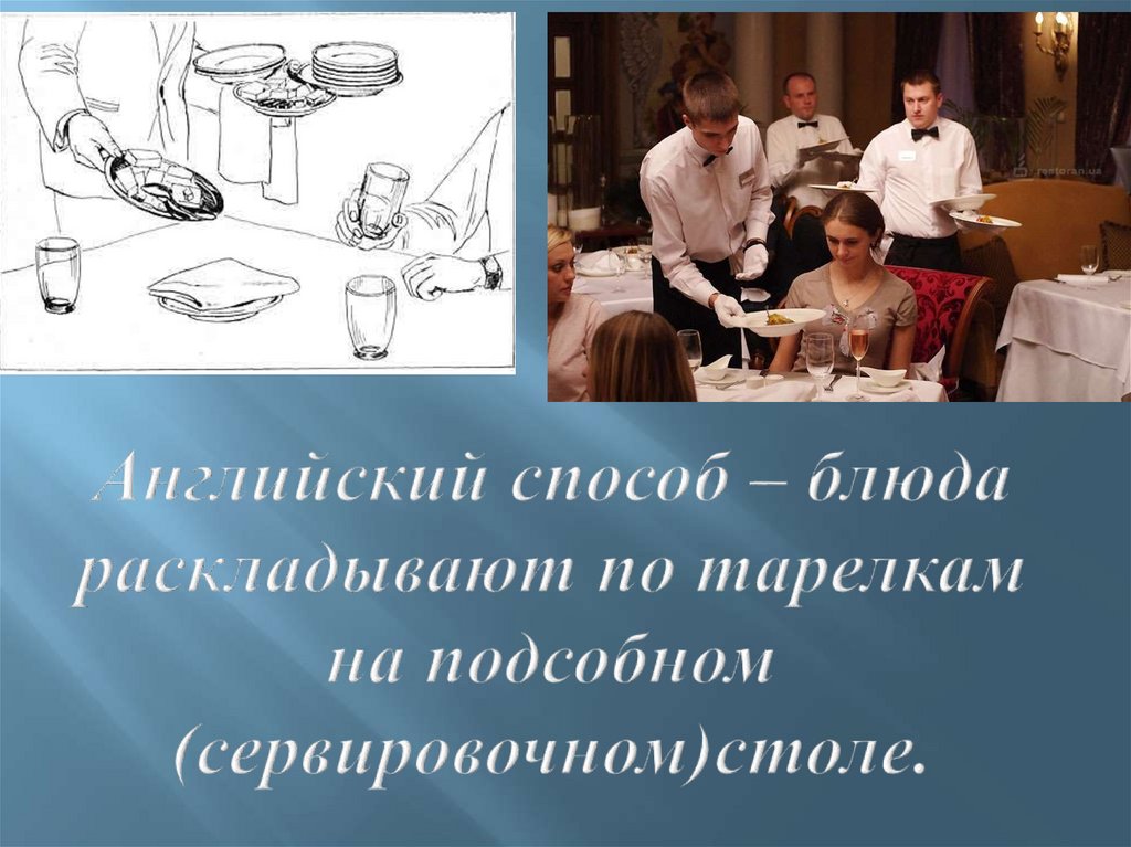 Английский способ – блюда раскладывают по тарелкам на подсобном (сервировочном)столе.