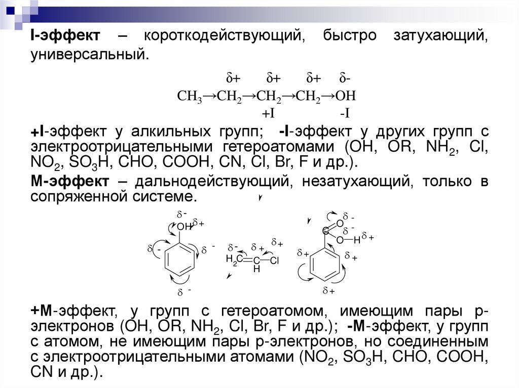 I-эффект – короткодействующий, быстро затухающий, универсальный.