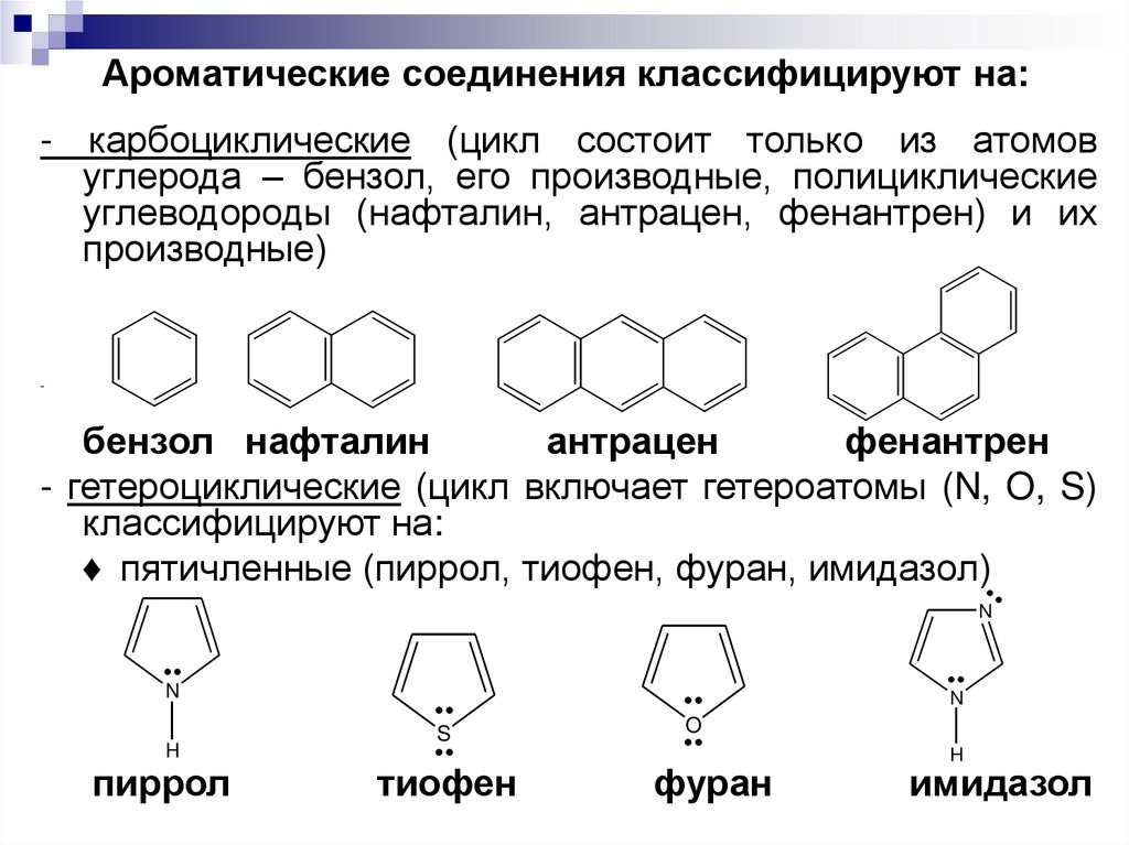 Ароматические соединения классифицируют на: