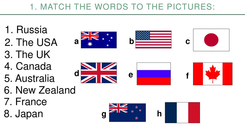 1. Match the words to the pictures: