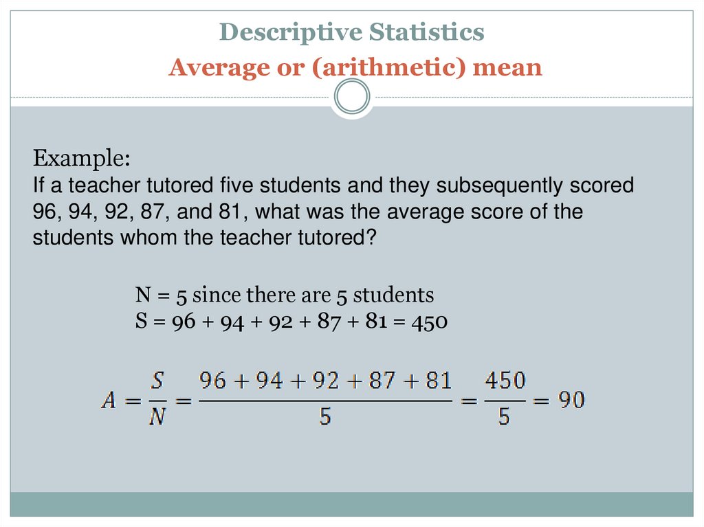 Descriptive Statistics Average or (arithmetic) mean