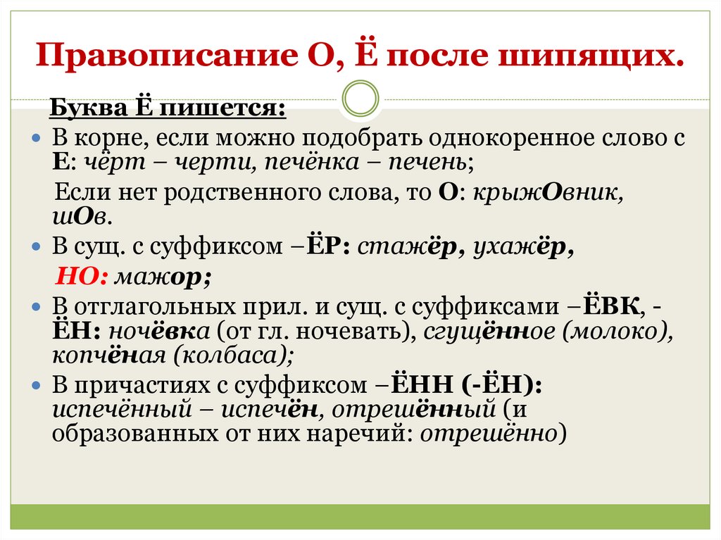 Правописание О, Ё после шипящих.