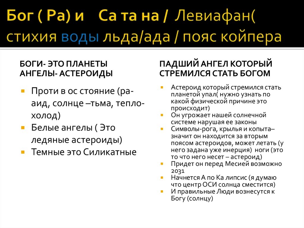 Бог ( Ра) и Са та на / Левиафан( стихия воды льда/ада / пояс койпера