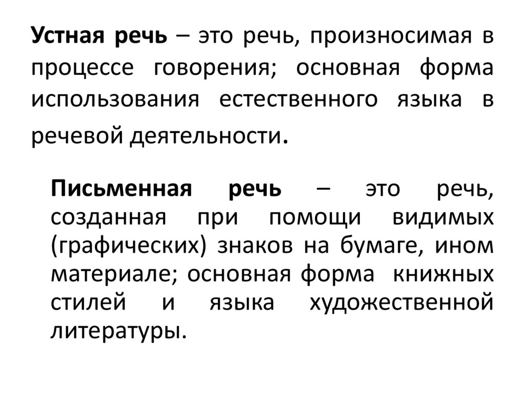 Устная речь – это речь, произносимая в процессе говорения; основная форма использования естественного языка в речевой