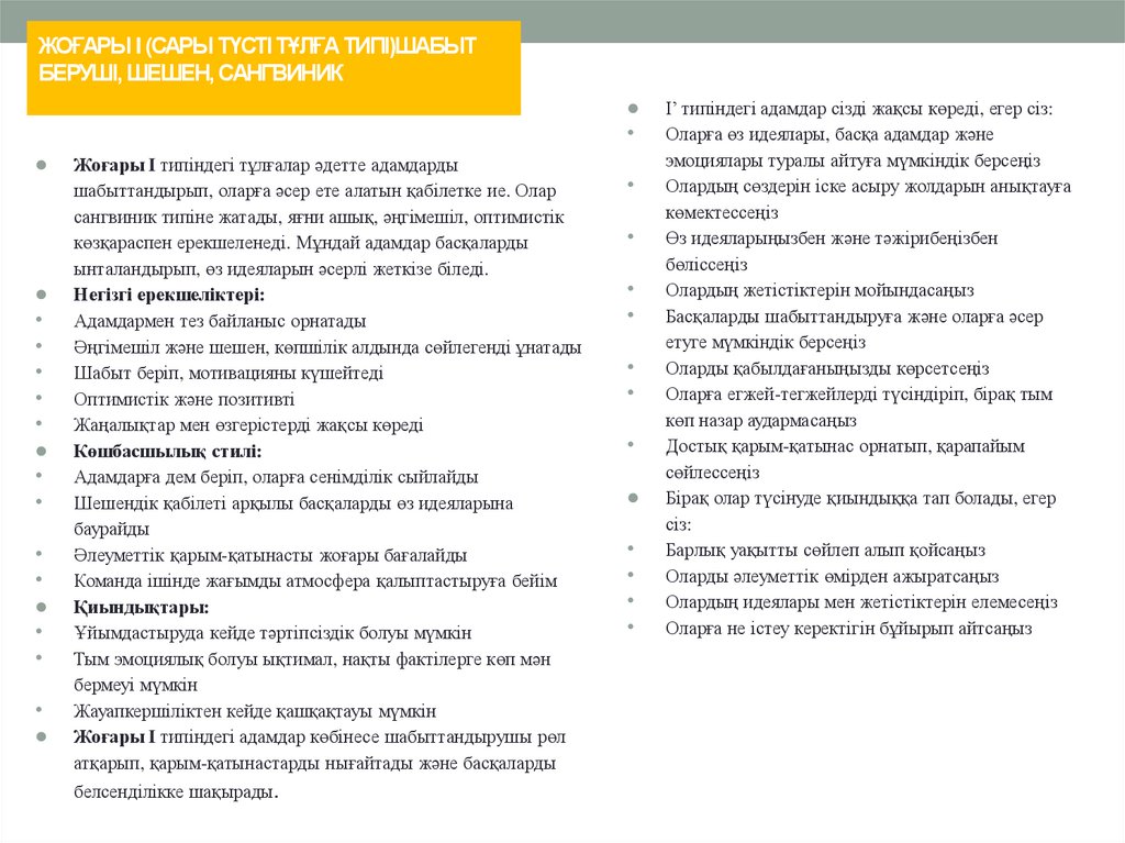 ЖОҒАРЫ I (САРЫ ТҮСТІ ТҰЛҒА ТИПІ)ШАБЫТ БЕРУШІ, ШЕШЕН, САНГВИНИК