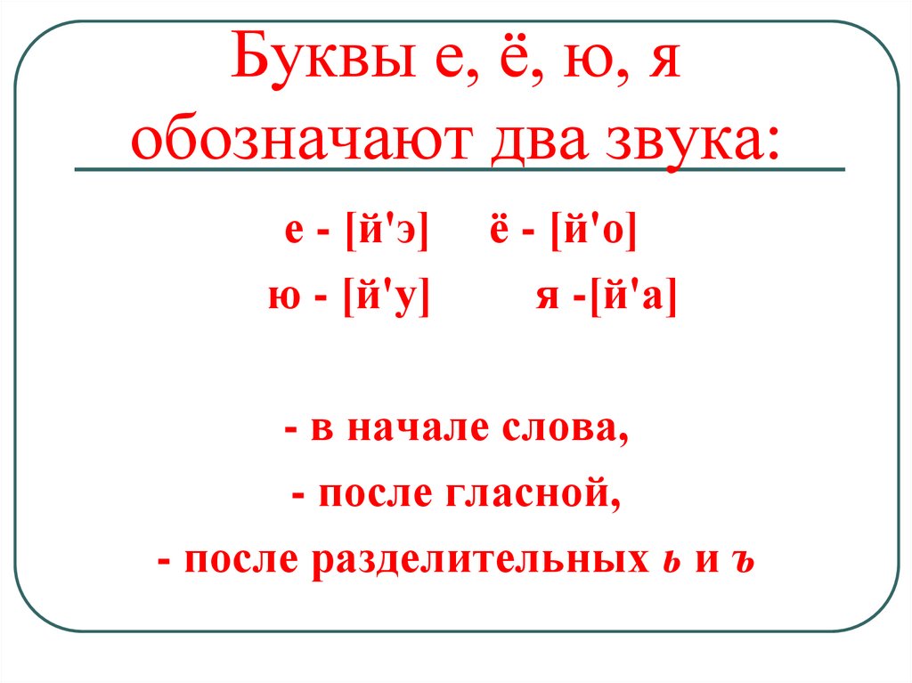Буквы е, ё, ю, я обозначают два звука: