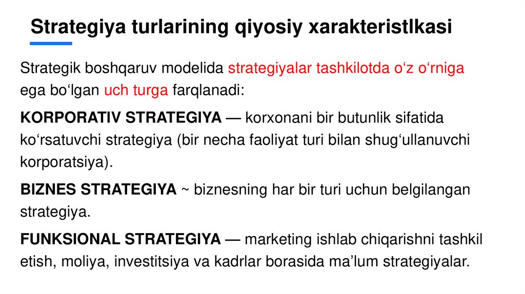 Strategiya turlarining qiyosiy xarakteristlkasi
