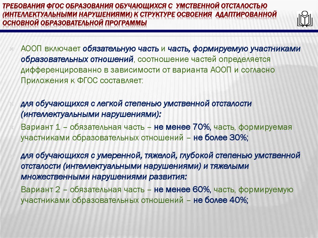 требования ФГОС образования обучающихся с умственной отсталостью (интеллектуальными нарушениями) к структуре освоения