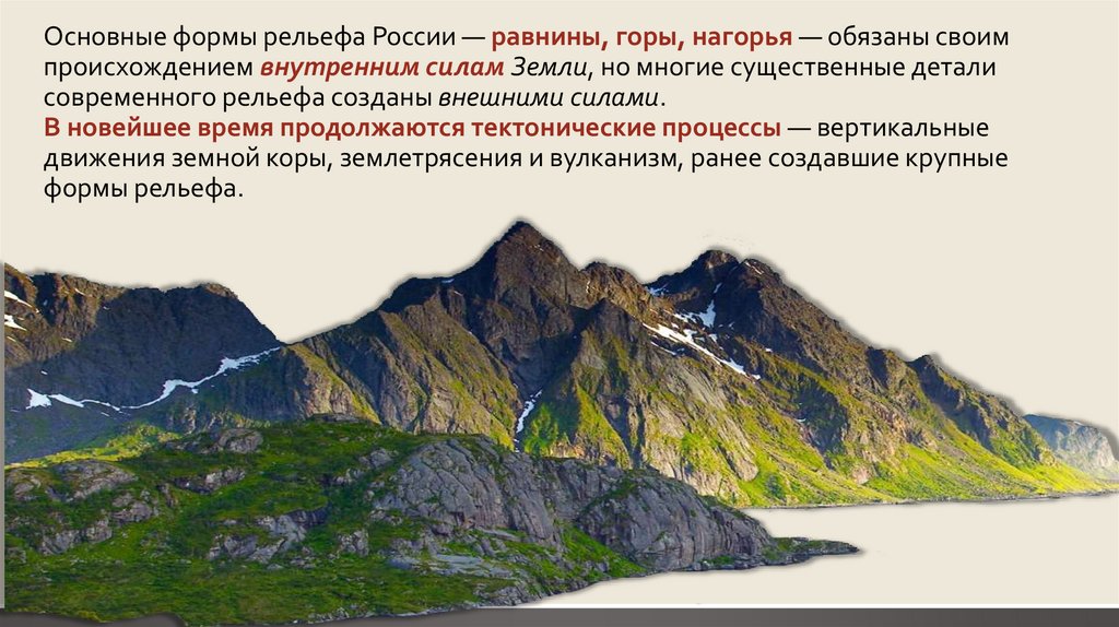 Основные формы рельефа России — равнины, горы, нагорья — обязаны своим происхождением внутренним силам Земли, но многие