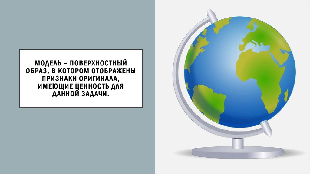 Модель – поверхностный образ, в котором отображены признаки оригинала, имеющие ценность для данной задачи.