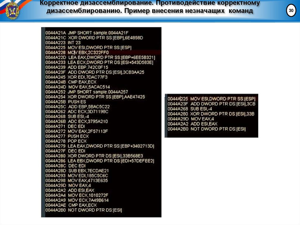 Корректное дизассемблирование. Противодействие корректному дизассемблированию. Пример внесения незначащих команд