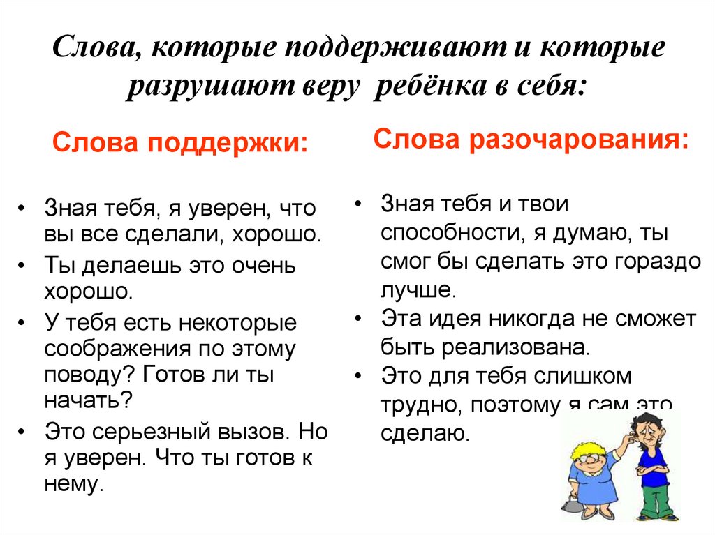 Слова, которые поддерживают и которые разрушают веру ребёнка в себя: