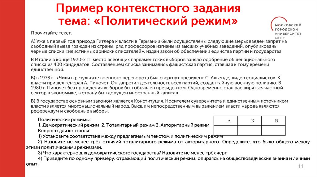 Пример контекстного задания тема: «Политический режим»