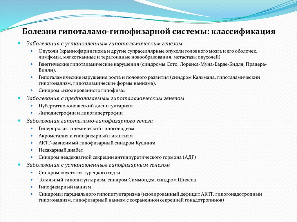 Болезни гипоталамо-гипофизарной системы: классификация