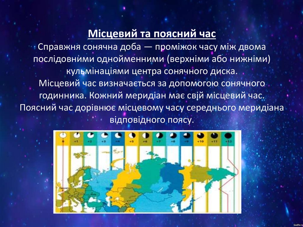 Місцевий та поясний час Справжня сонячна доба — проміжок часу між двома послідовними однойменними (верхніми або нижніми)
