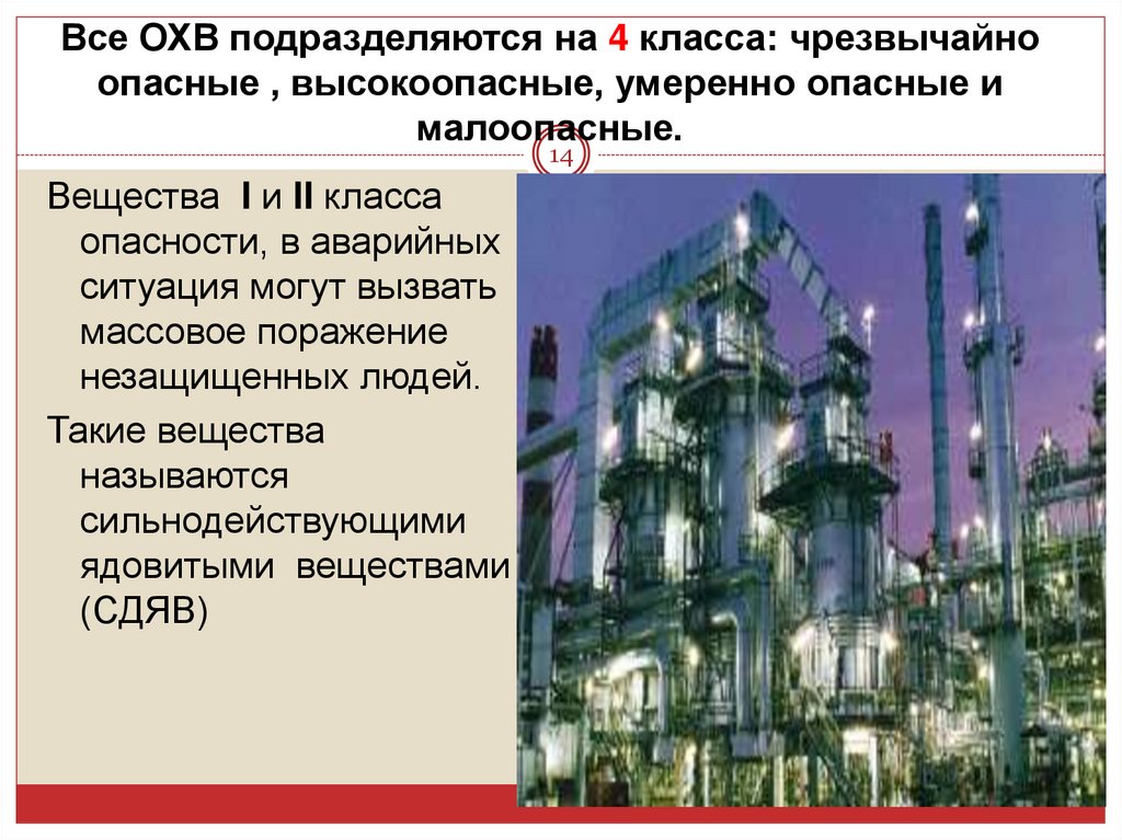 Все ОХВ подразделяются на 4 класса: чрезвычайно опасные , высокоопасные, умеренно опасные и малоопасные.