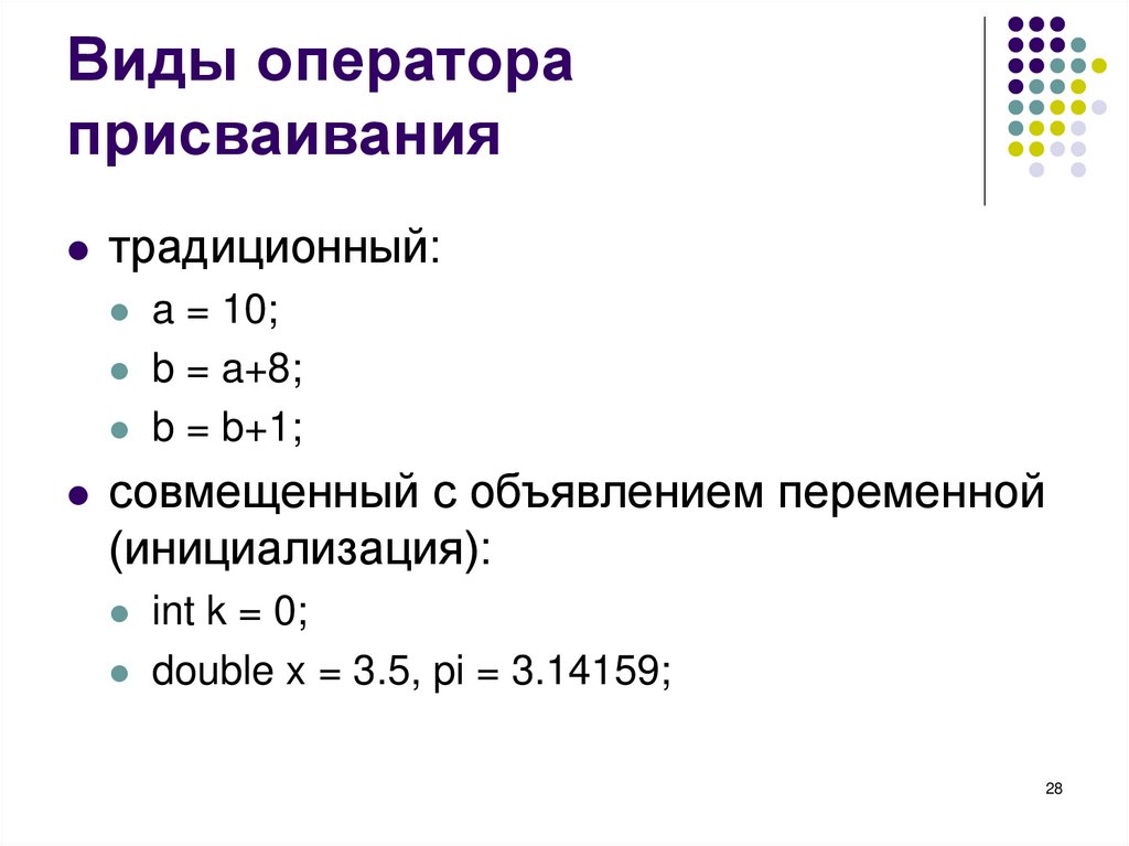 Виды оператора присваивания