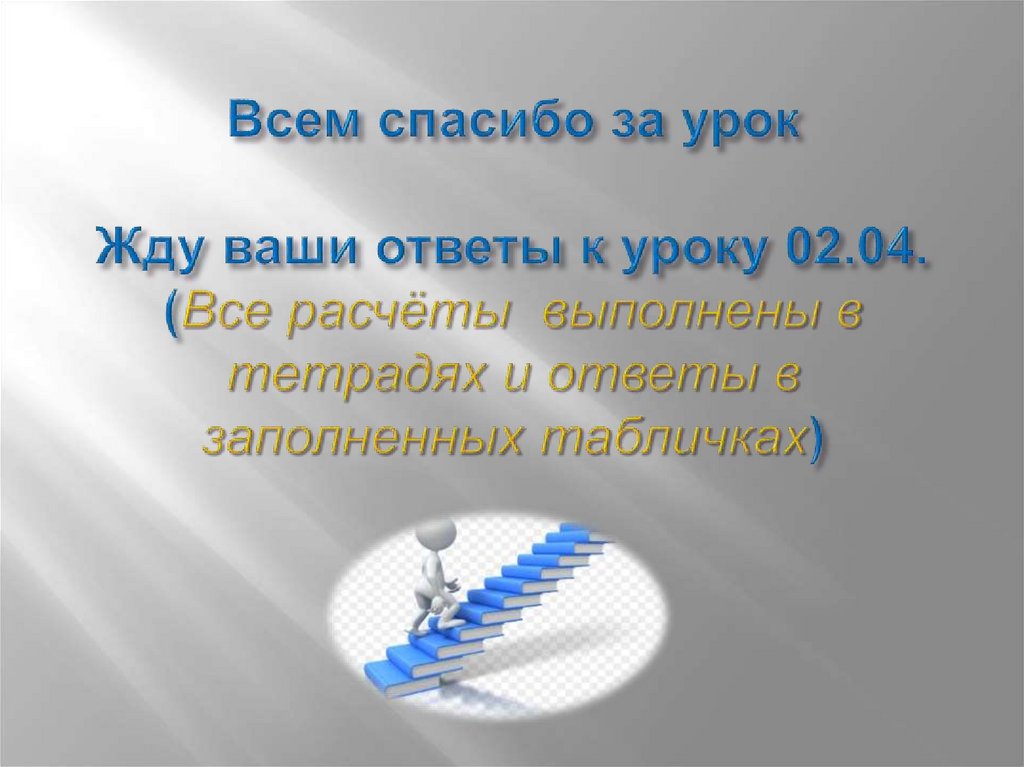 Всем спасибо за урок Жду ваши ответы к уроку 02.04. (Все расчёты выполнены в тетрадях и ответы в заполненных табличках)