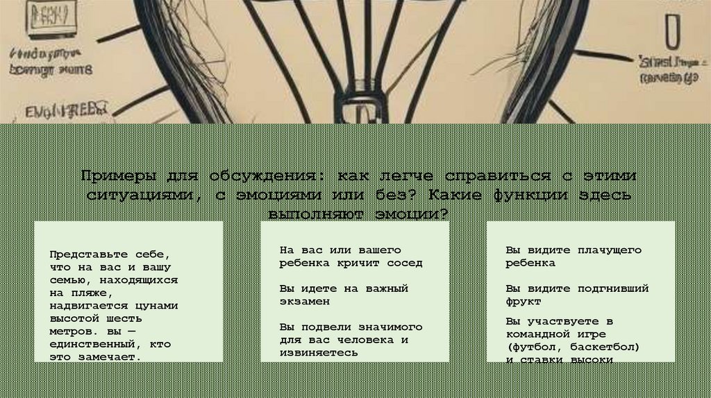 Примеры для обсуждения: как легче справиться с этими ситуациями, с эмоциями или без? Какие функции здесь выполняют эмоции?