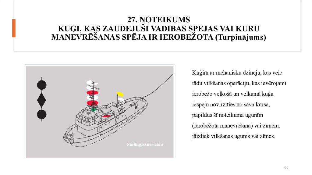 27. NOTEIKUMS KUĢI, KAS ZAUDĒJUŠI VADĪBAS SPĒJAS VAI KURU MANEVRĒŠANAS SPĒJA IR IEROBEŽOTA (Turpinājums)
