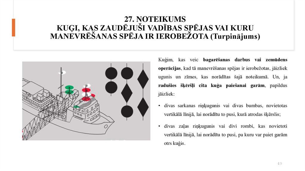 27. NOTEIKUMS KUĢI, KAS ZAUDĒJUŠI VADĪBAS SPĒJAS VAI KURU MANEVRĒŠANAS SPĒJA IR IEROBEŽOTA (Turpinājums)