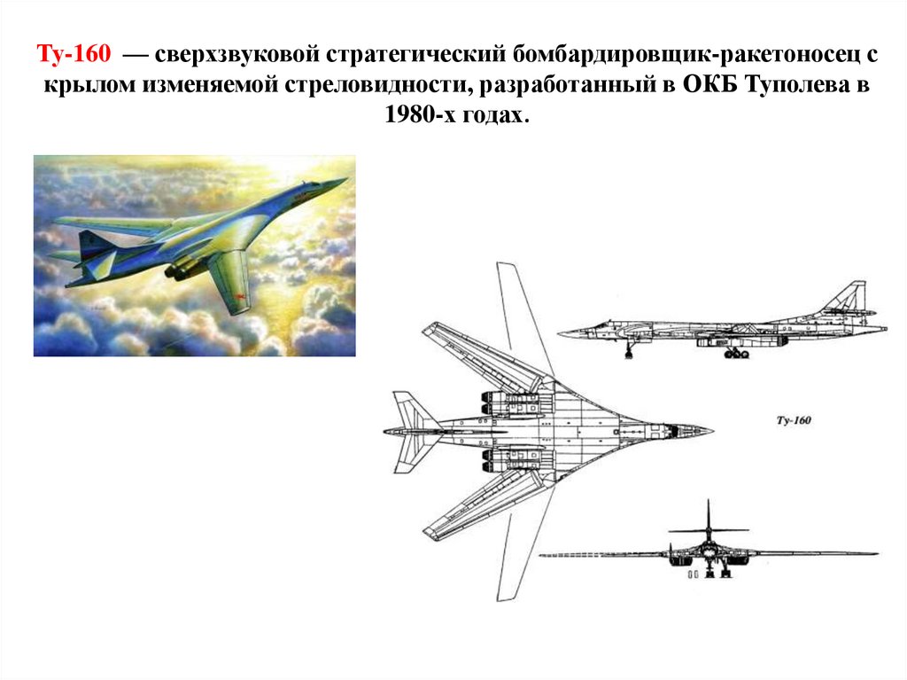 Ту-160  — сверхзвуковой стратегический бомбардировщик-ракетоносец с крылом изменяемой стреловидности, разработанный в ОКБ