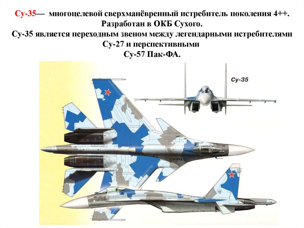 Су-35—  многоцелевой сверхманёвренный истребитель поколения 4++. Разработан в ОКБ Сухого. Су-35 является переходным