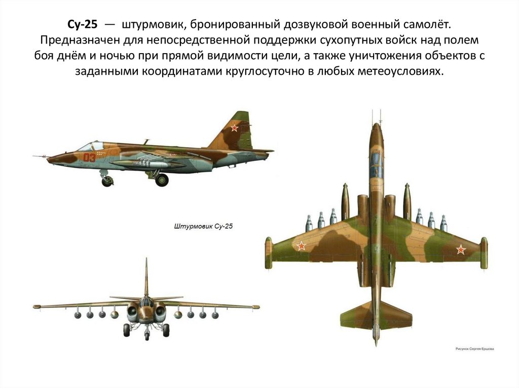Су-25  —  штурмовик, бронированный дозвуковой военный самолёт. Предназначен для непосредственной поддержки сухопутных войск над