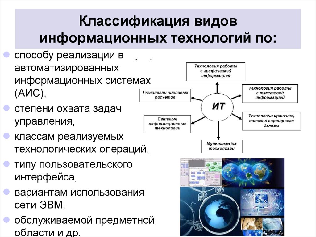 Классификация видов информационных технологий по:
