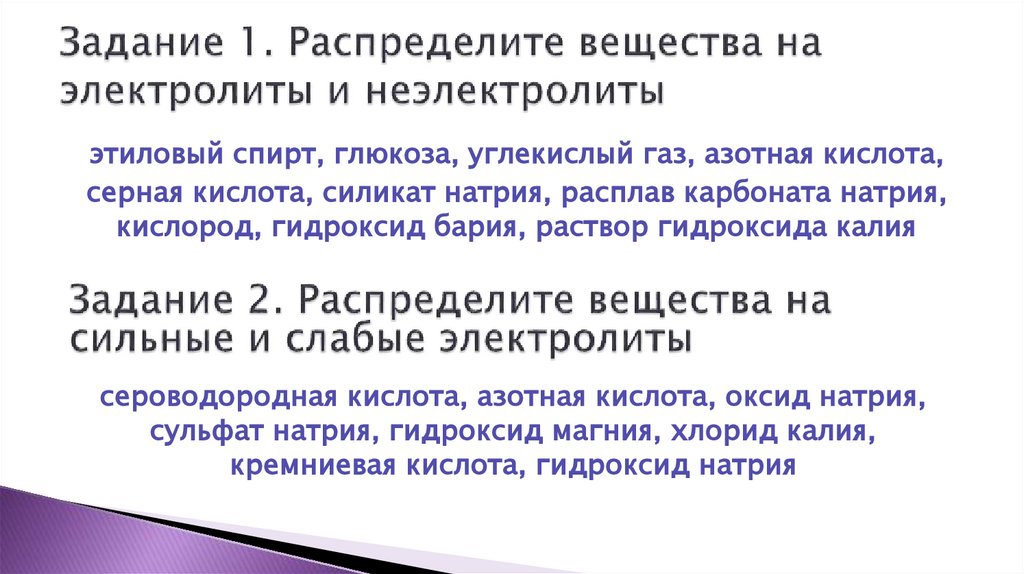 Задание 1. Распределите вещества на электролиты и неэлектролиты