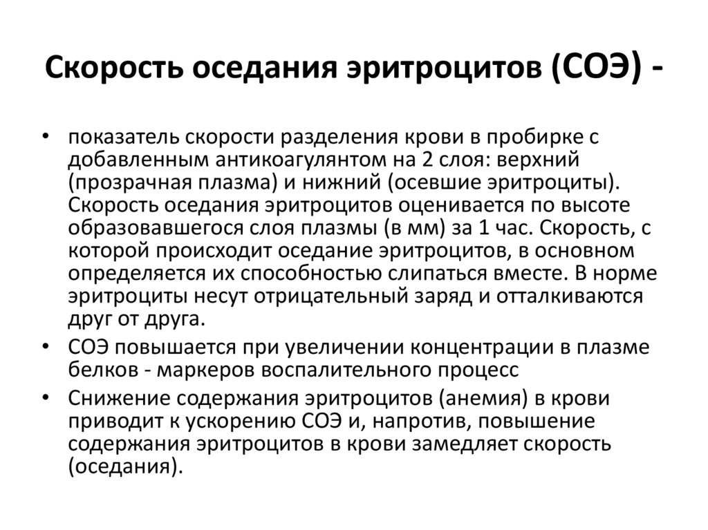 Скорость оседания эритроцитов (СОЭ) -