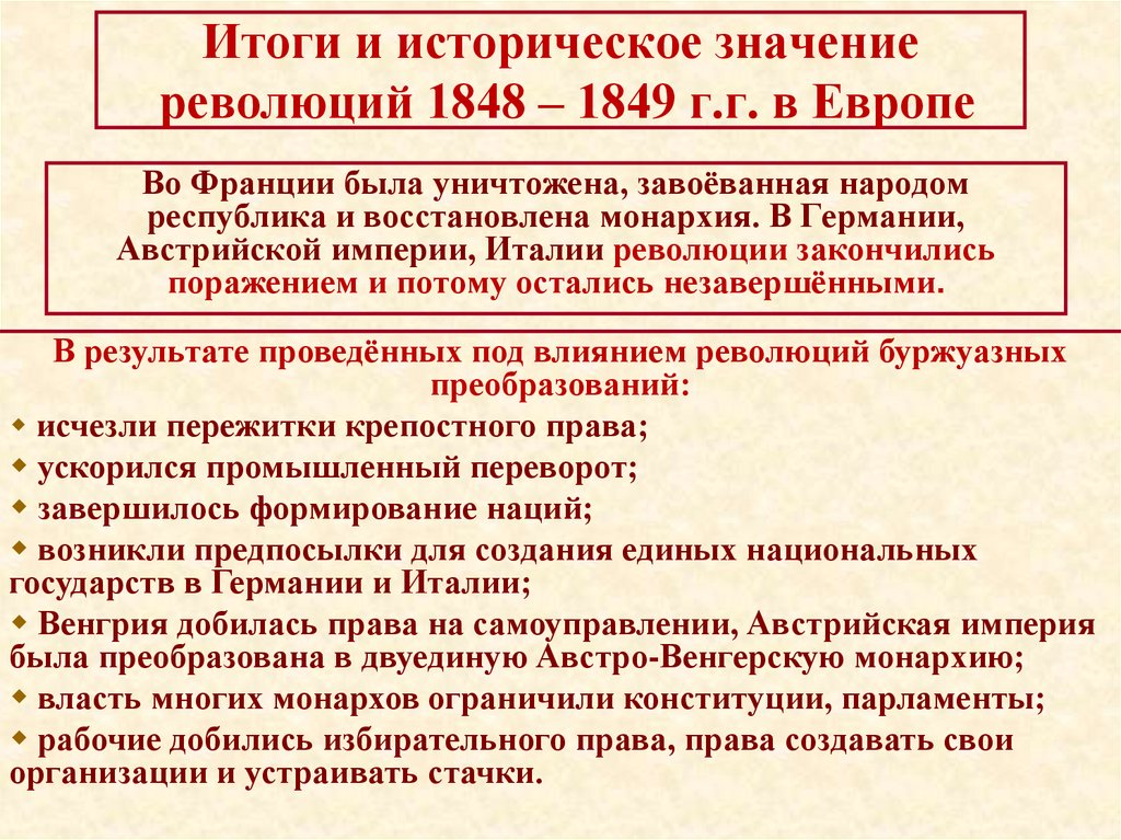 Итоги и историческое значение революций 1848 – 1849 г.г. в Европе