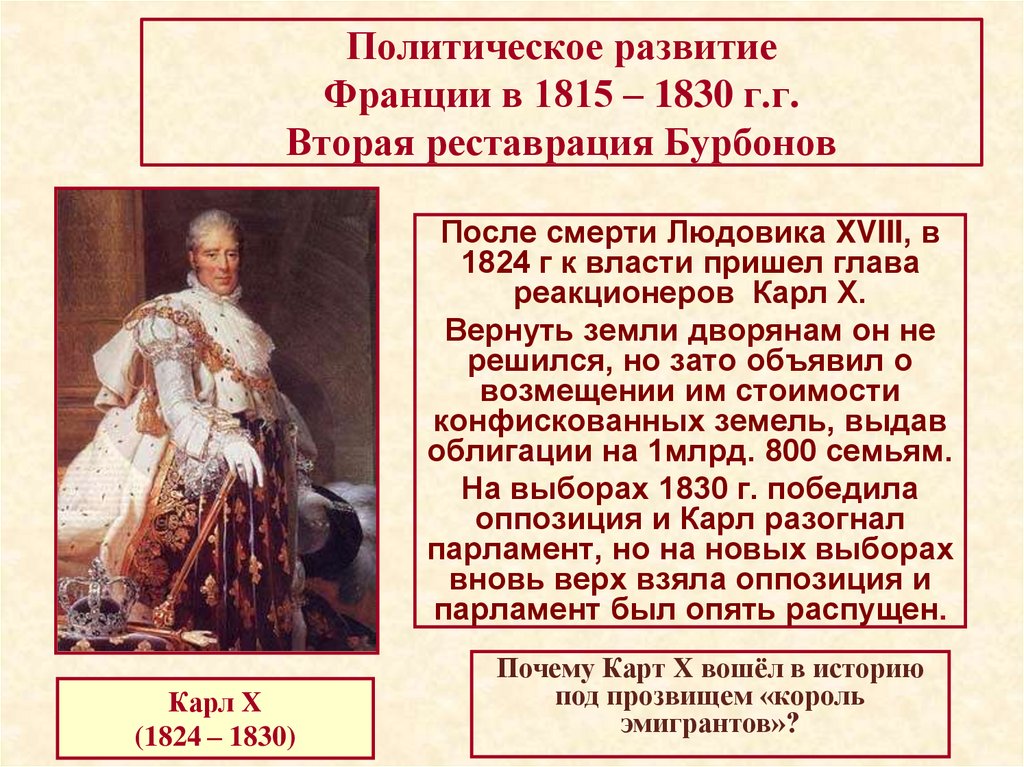 Политическое развитие Франции в 1815 – 1830 г.г. Вторая реставрация Бурбонов