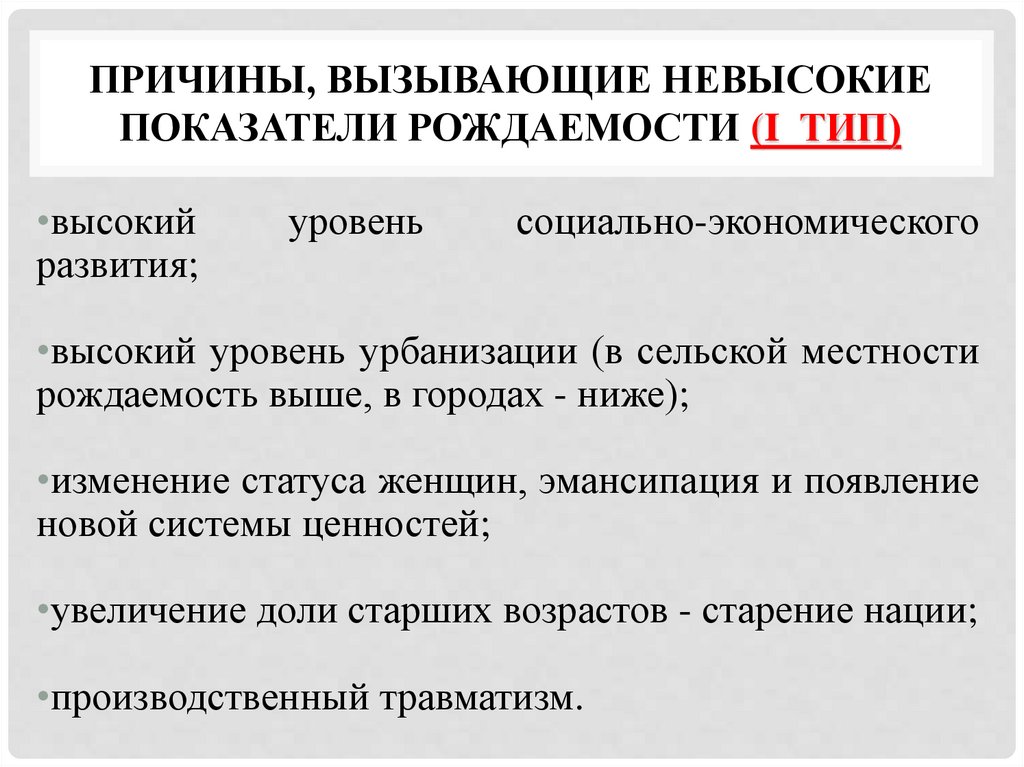 ПРИЧИНЫ, ВЫЗЫВАЮЩИЕ НЕВЫСОКИЕ ПОКАЗАТЕЛИ РОЖДАЕМОСТИ (I тип)
