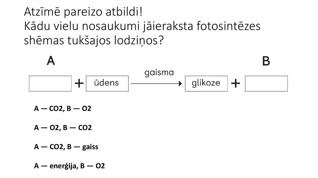 Atzīmē pareizo atbildi!  Kādu vielu nosaukumi jāieraksta fotosintēzes shēmas tukšajos lodziņos? 