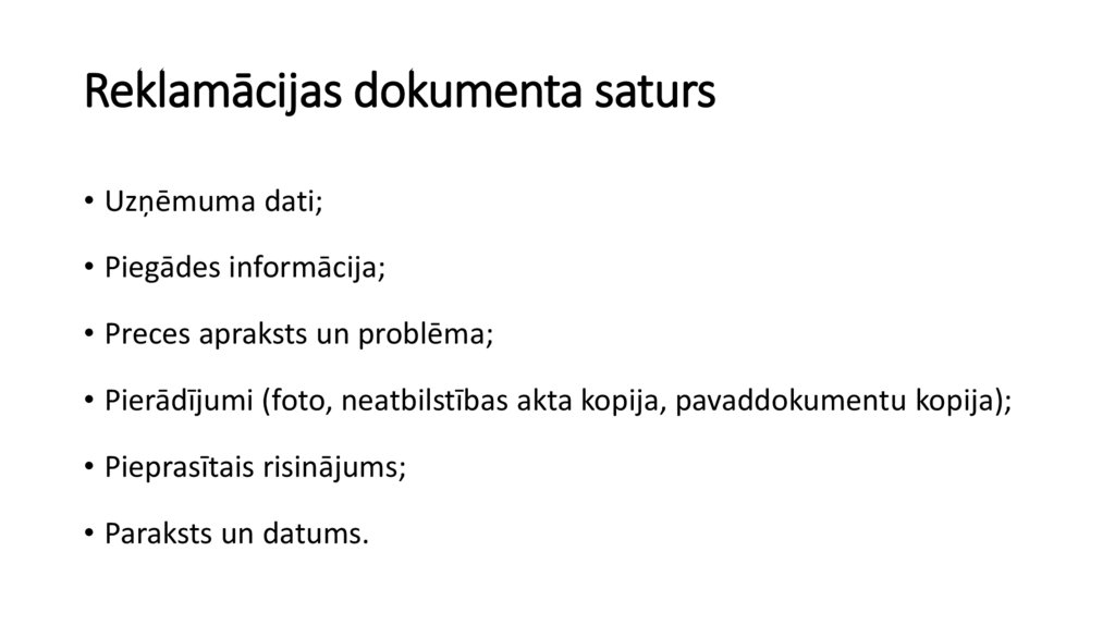 Reklamācijas dokumenta saturs