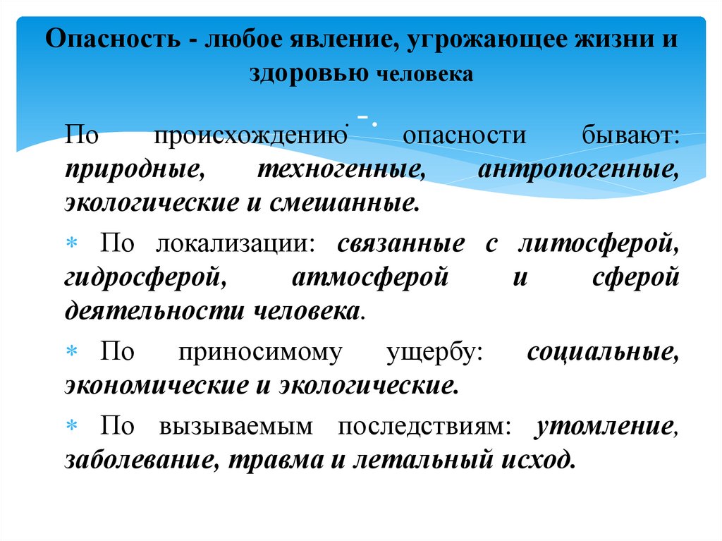Опасность - любое явление, угрожающее жизни и здоровью человека . -.
