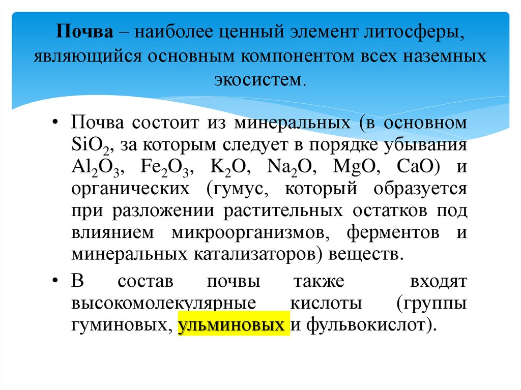 Почва – наиболее ценный элемент литосферы, являющийся основным компонентом всех наземных экосистем.