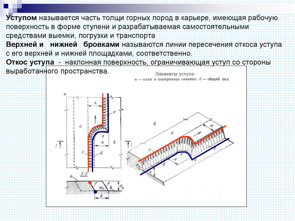 Уступом называется часть толщи горных пород в карьере, имеющая рабочую по­верхность в форме ступени и разрабатываемая