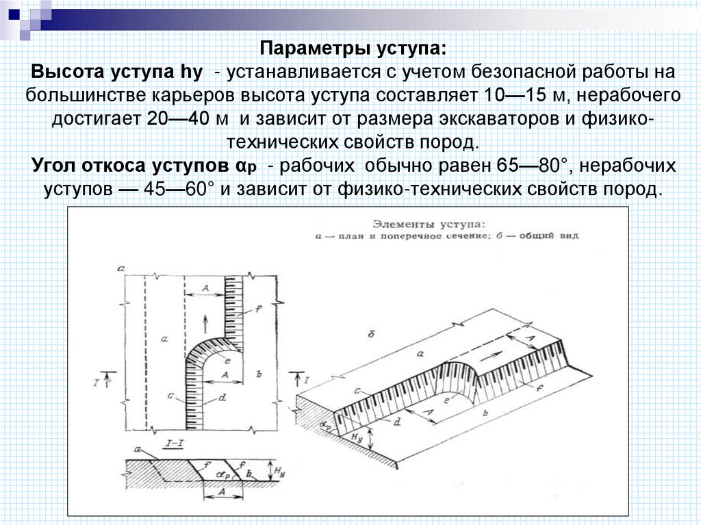 Параметры уступа: Высота уступа hу - устанавливается с учетом безопасной работы на большинстве карьеров высота уступа