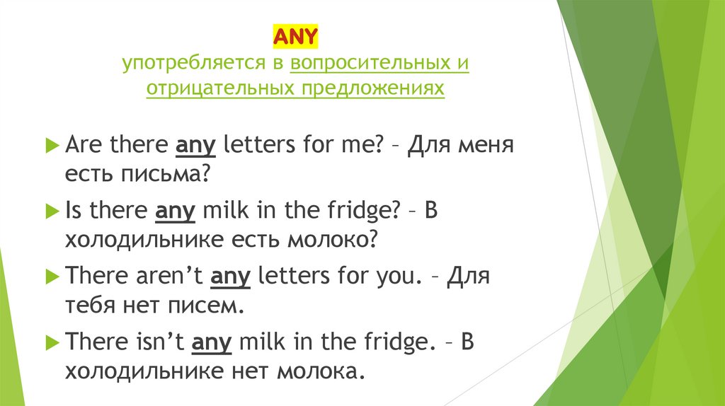 ANY употребляется в вопросительных и отрицательных предложениях