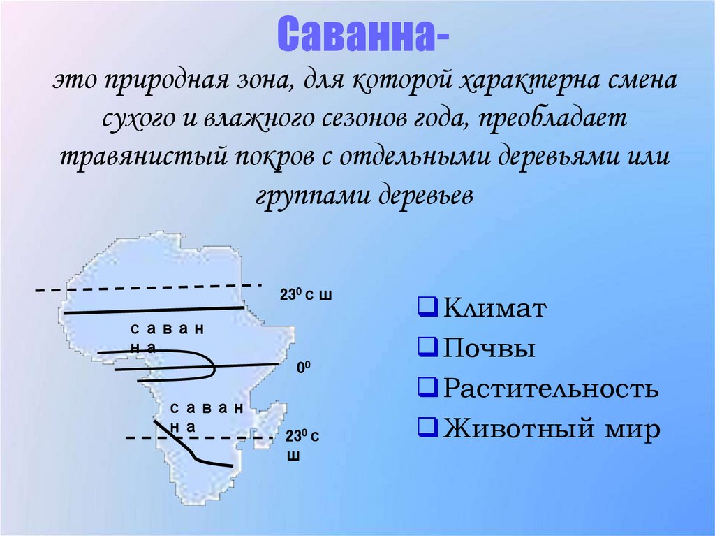 Саванна- это природная зона, для которой характерна смена сухого и влажного сезонов года, преобладает травянистый покров с