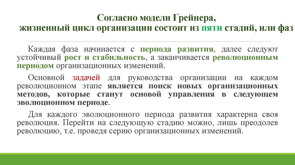 Согласно модели Грейнера, жизненный цикл организации состоит из пяти стадий, или фаз