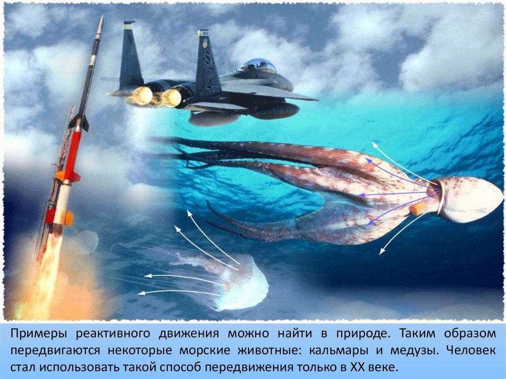 Примеры реактивного движения можно найти в природе. Таким образом передвигаются некоторые морские животные: кальмары и медузы.