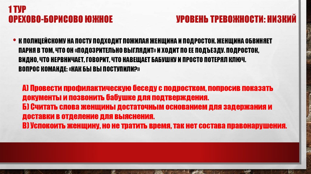 1 тур ОРЕХОВО-БОРИСОВО ЮЖНОЕ УРОВЕНЬ ТРЕВОЖНОСТИ: НИЗКИЙ