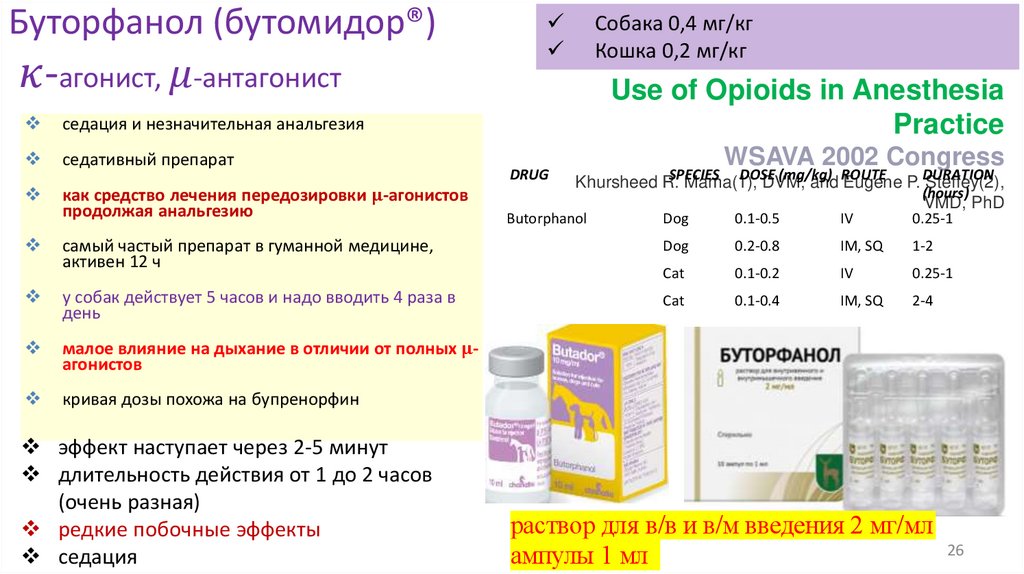 Буторфанол (бутомидор®️) κ-агонист, μ-антагонист