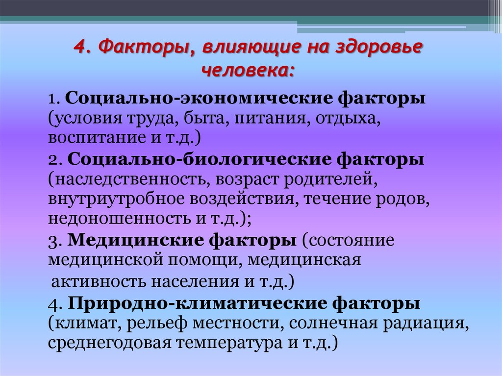 4. Факторы, влияющие на здоровье человека: